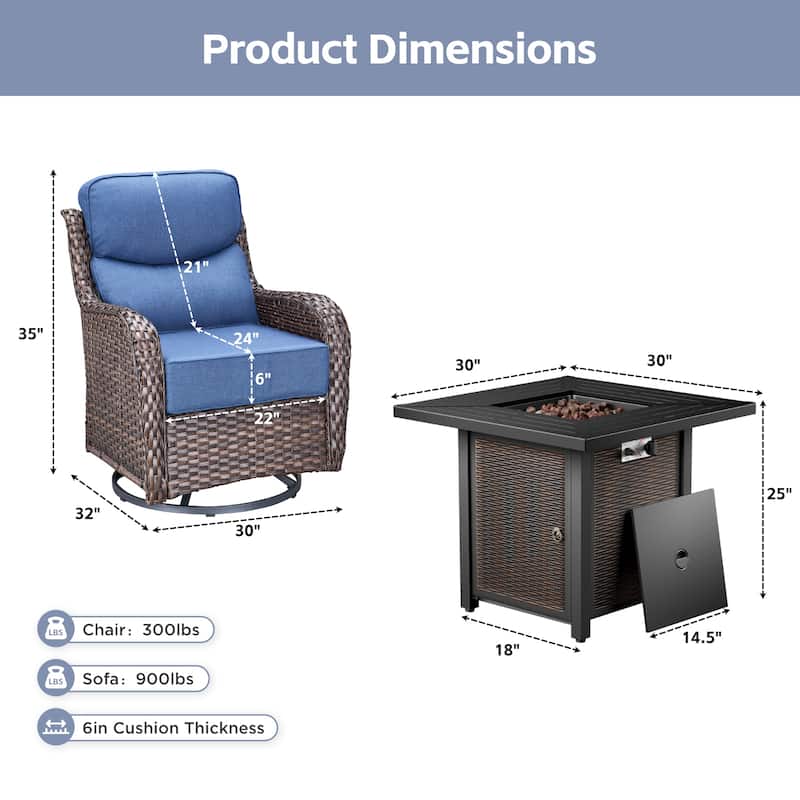 Arcadia 5-Piece Wicker Patio Set with 4 Swivel Glider Chairs and Square All-Iron Fire Pit