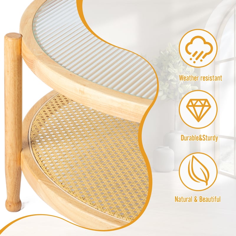 31.5in Rattan Coffee Table with Tempered Glass Top and Hand-Woven Shelf for Indoor Outdoor - 31.5” x 31.5” x 17.3”