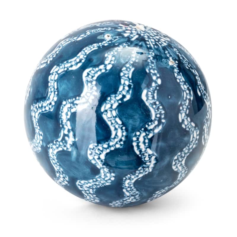 Hand-Painted Ceramic Orb Decorations - 4" - Blue and White - Set of 5