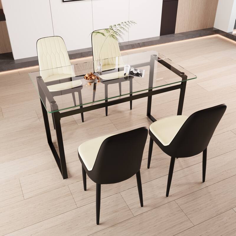 Modern Dining Set with Rectangular Glass Table & PU Upholstered Chairs