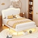 preview thumbnail 1 of 32, Remote Control LED Lights Bed Frame, PU Upholstered Princess Bed with Crown Headboard, Wood Slat Platform Bed White - Full