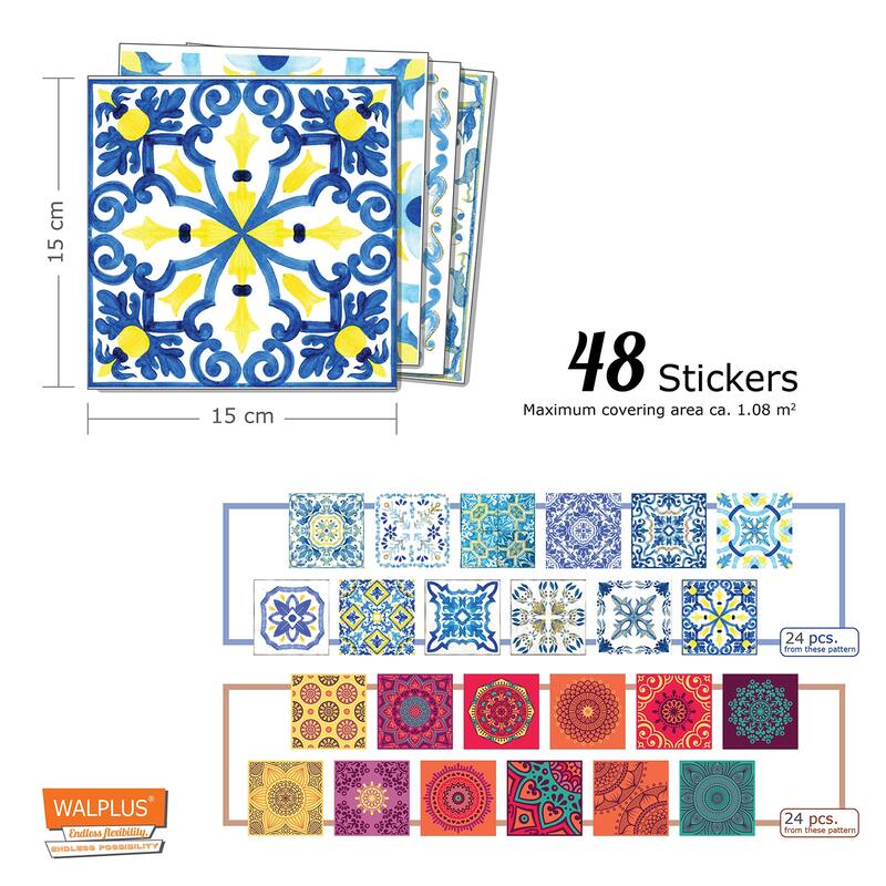 Walplus Mandala Mix Red Mosaic Wall Tile Stickers Peel and Stick 48pcs 6"x6"