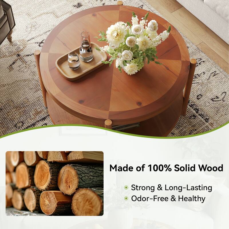 32" Double-Layer Solid Wood Round Coffee Table