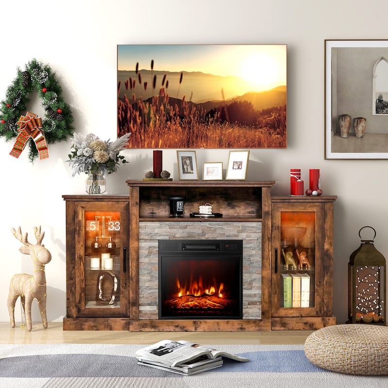 Electric Fireplace TV Stand with 16-Color LED Lights and Adjustable Glass Shelves for Living Room - 59" x 10" x 32.5"