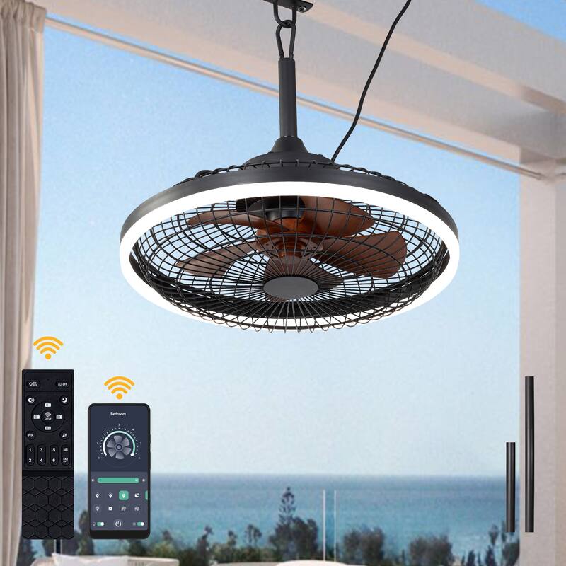 Bella Depot 20" Outdoor Ceiling Fan with Light and Remote 6-Speed Reversible Black Cage Fan - Black
