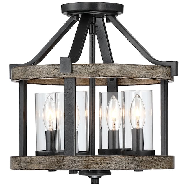 12.5 in. 4-Light Natural Iron and Distressed Faux Wood Modern Farmhouse Semi-Flush Mount Ceiling Light - 12.5"W