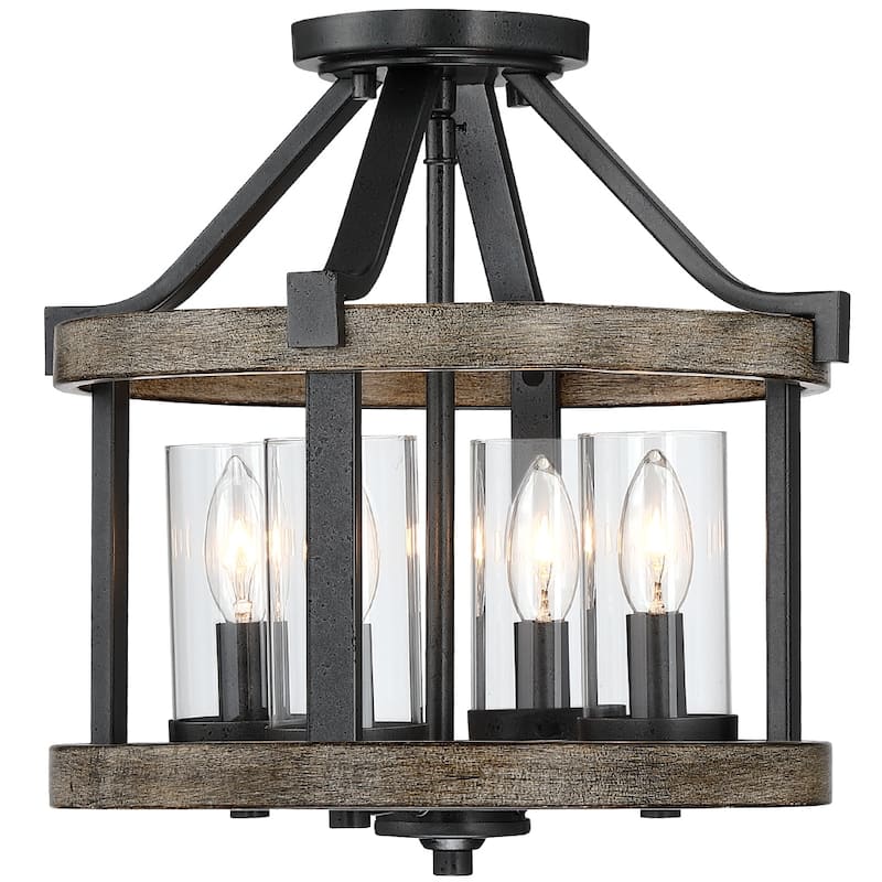 12.5 in. 4-Light Natural Iron and Distressed Faux Wood Modern Farmhouse Semi-Flush Mount Ceiling Light - 12.5"W