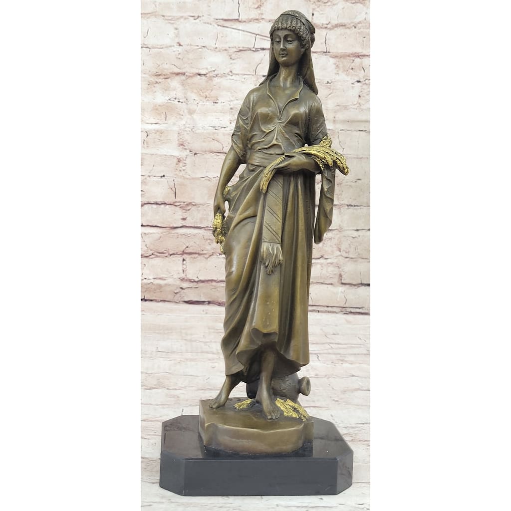 French Artist Bouret Maiden Girl Gold Patina Bronze Sculpture Hot Cast Figurine