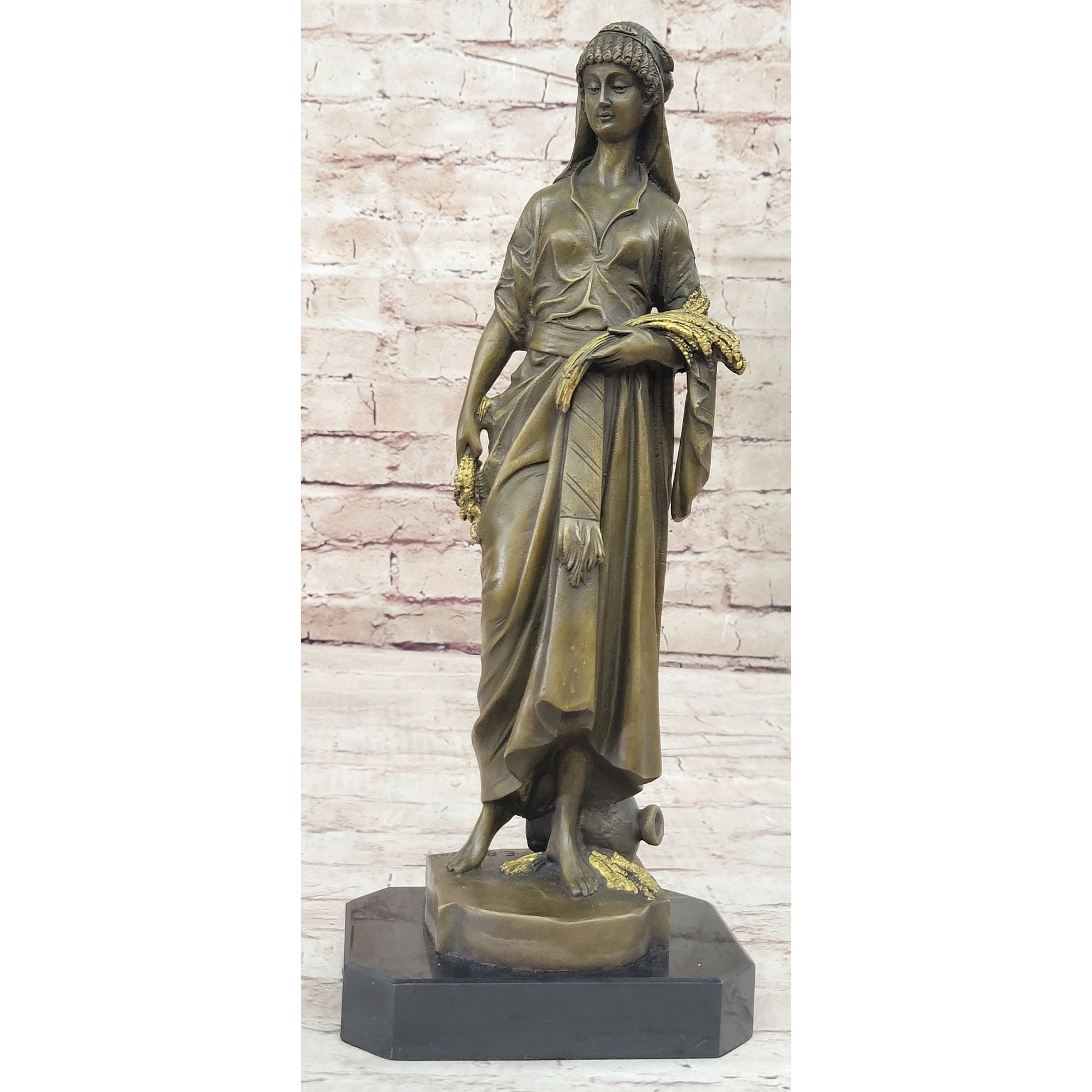 French Artist Bouret Maiden Girl Gold Patina Bronze Sculpture Hot Cast Figurine