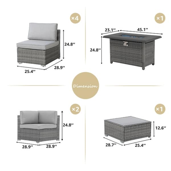 dimension image slide 6 of 9, Outdoor 8 Pieces Sectional Wicker Sofa Set with Fire Pit