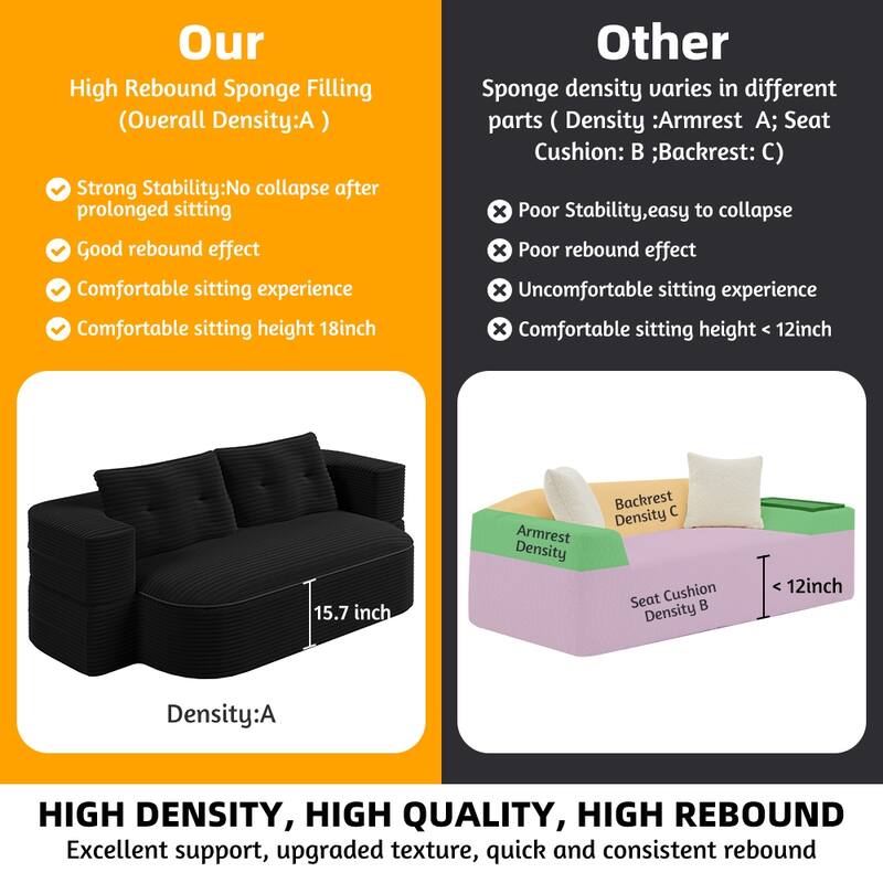 78.7 Inch Convertible Floor Sofa Bed, Plush Corduroy Sleeper Couch with Blanket and 2 Pillows, Deep Seat