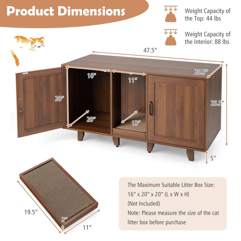 2-Door Cat Litter Box Enclosure with Winding Entry and Scratching Board