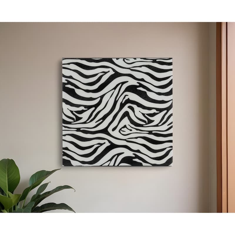 HomeRoots 12" Black And White Zebra Iron And Resin Square Hanging Wall Tile - 12 x 4 x 12