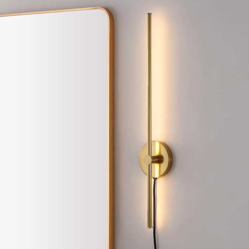 Marion 27.25" 1-Light Modern Minimalist Iron Adjustable Bar Integrated LED Plug-In Sconce, by JONATHAN Y