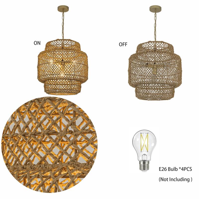 Clair 4-Light Rattan Hemp Tiered Pendant, Coastal Boho - Handwoven - 20" Wide