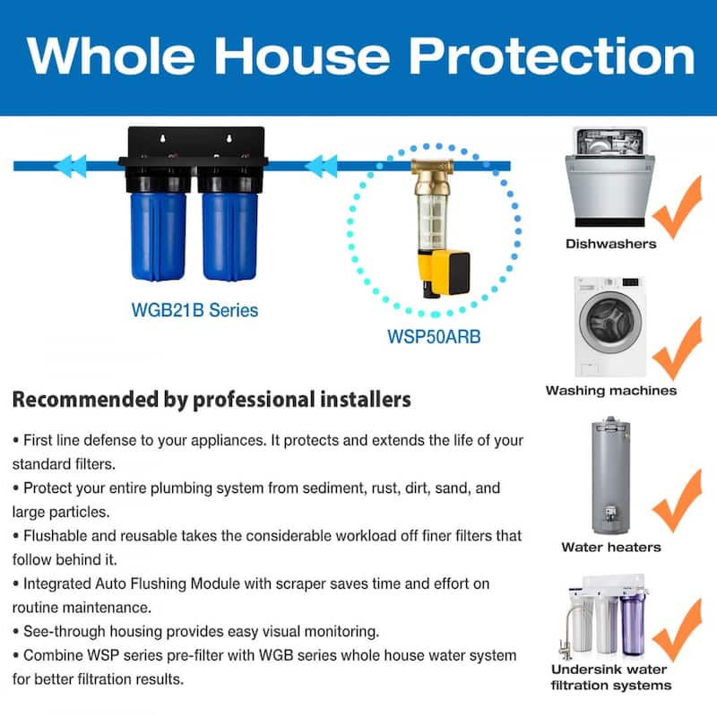 iSpring 2-Stage Whole House Water Filtration System w/ Push-Fit Stainless Steel Hose Connectors and Ball Valve