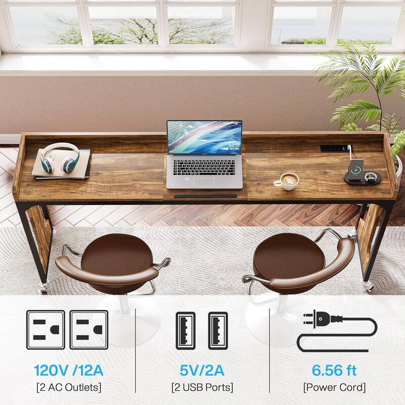 35.4"-43.3" Adjustable Overbed Table, 70.8" Queen Size Laptop Desk with Wheels, Outlets, USB, Rustic Brown