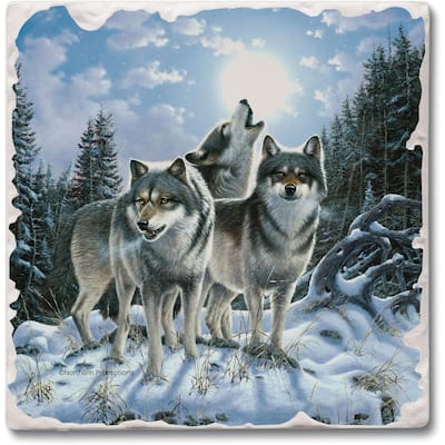 Midnight Wolves 4 Pack Tumbled Tile Stone Coaster with Protective Cork Backing Manufactured in The USA 4" Square
