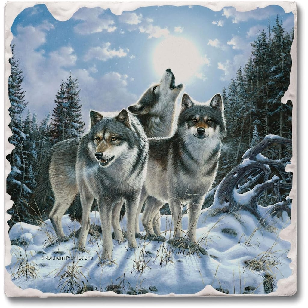 Midnight Wolves 4 Pack Tumbled Tile Stone Coaster with Protective Cork Backing Manufactured in The USA 4" Square