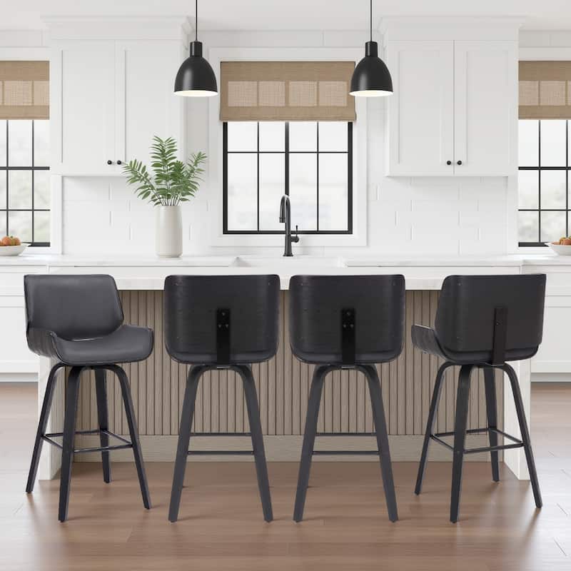 Tyler Mid-Century Swivel Bar Stool, Upholstered Counter Height Chair with Bentwood Legs - Set of 4 - Grey & Black - Counter Height