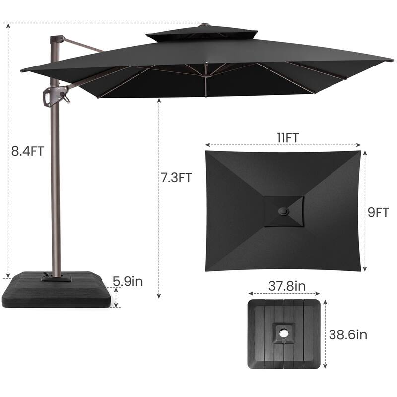 11 × 9 ft Outdoor Patio Offset Cantilever Dual Top Umbrella with 4-Piece Fillable Weighted Base