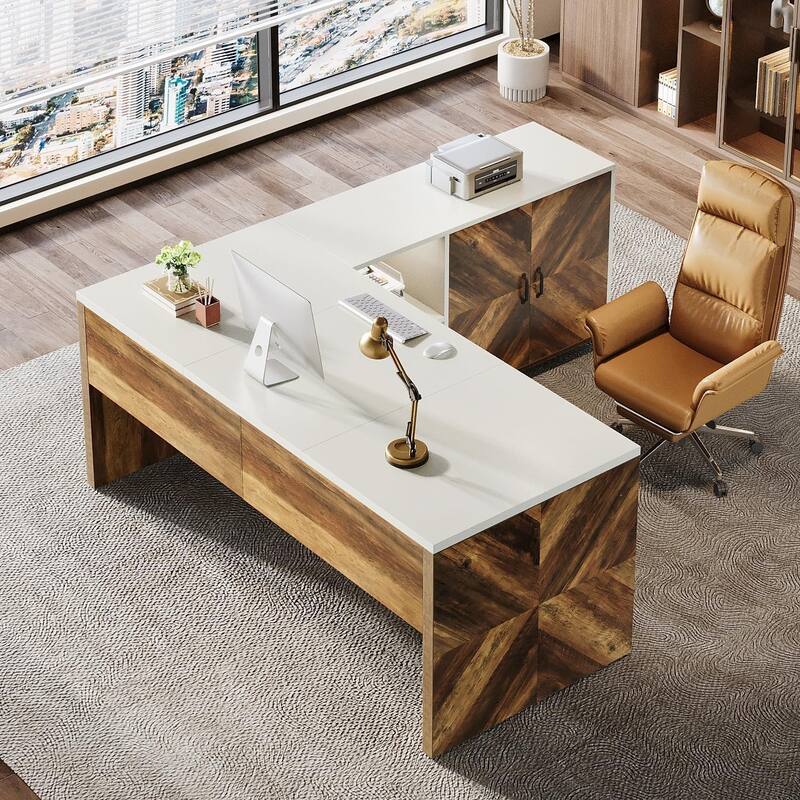 63-inch L-Shaped Desk, Modern Executive Office Desk with Mobile File Cabinet