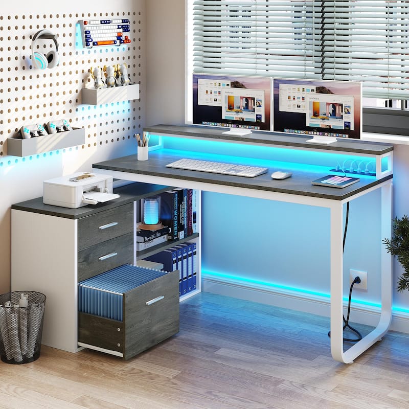 55 Inch L-shaped Gaming Desk with Power Outlets and LED Lights Computer Corner Desk with File Cabinet Monitor Stand