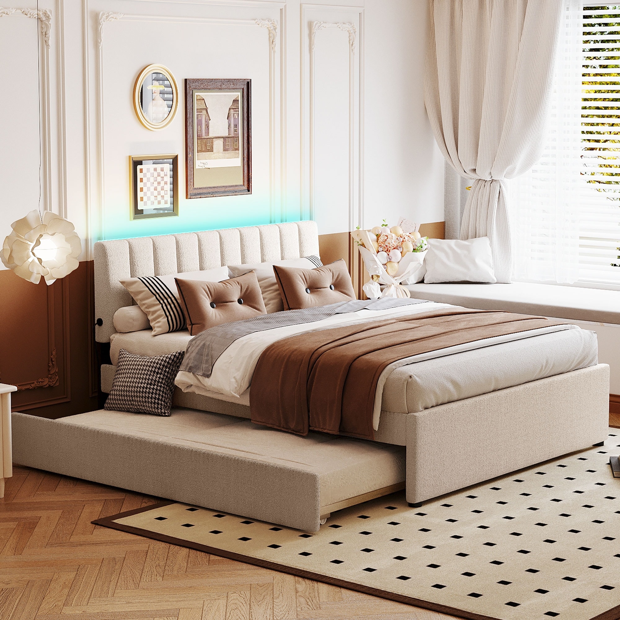 Queen Size Beige Fleece Upholstered Platform Bed with Trundle and Shelves