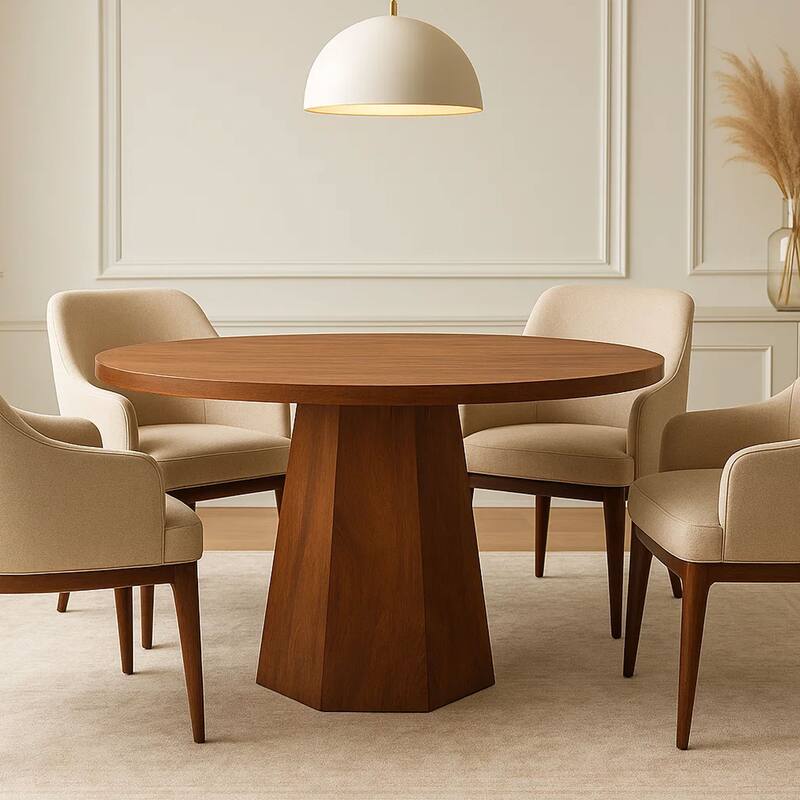 Koi Dining Table 42" Round Top Handmade Ambre Brown Mango Wood Octagonal Pedestal Base