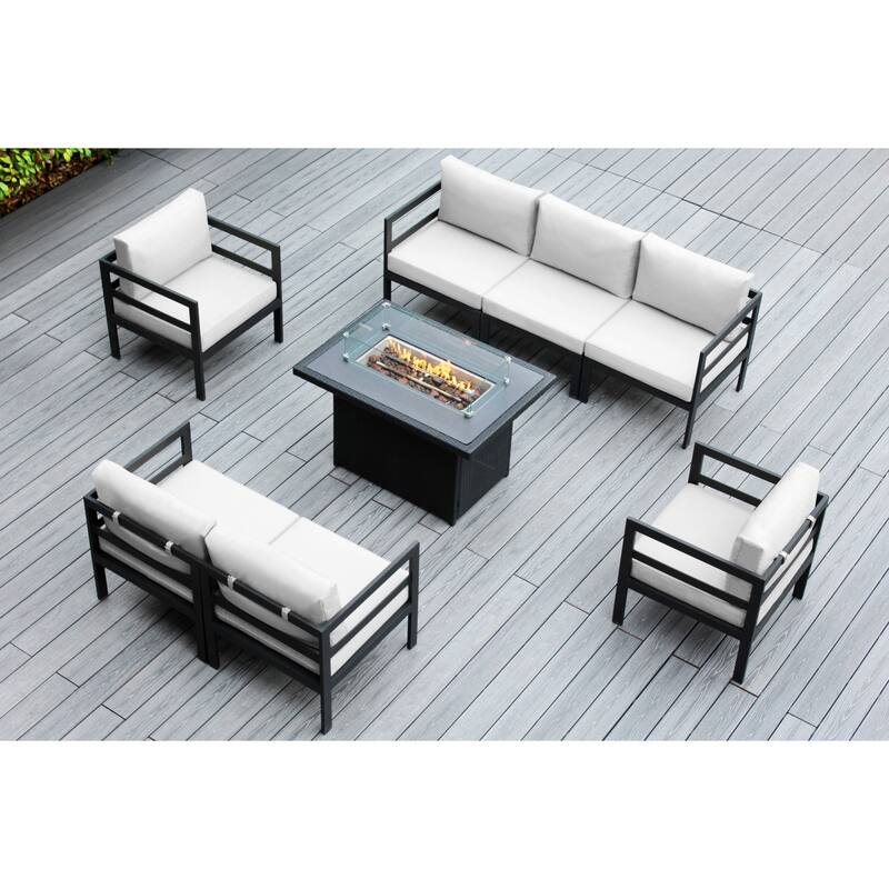 Ohana Outdoor 8-pc. Cushioned Aluminum Sectional with 42" Fire Table - Sunbrella Natural