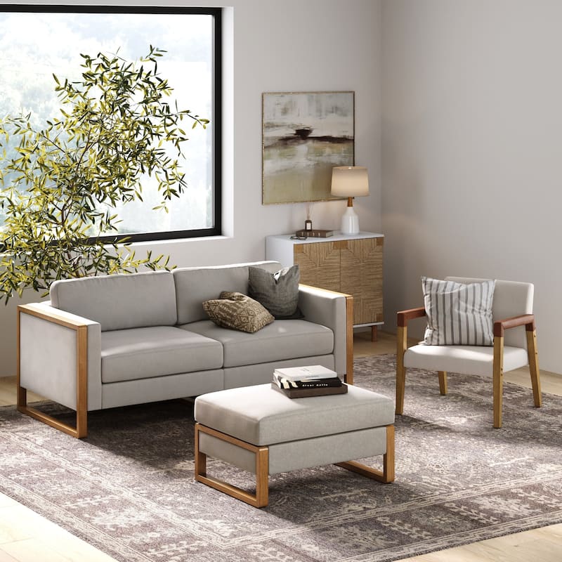 Madison Modern 2-Seater Sofa Set with Storage Ottoman, Upholstered Modular Sofa with Cushion and Solid Wood Legs