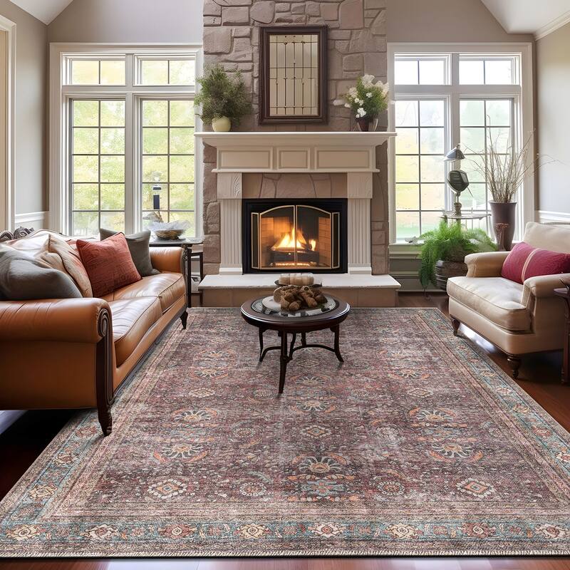 World Rug Gallery Distressed Vintage Bordered Machine Washable Area Rug - 9' x 12' - Rectangle