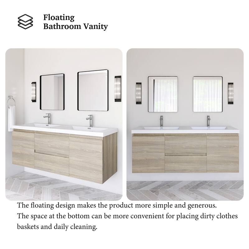 Modern Wall-Mounted Bathroom Vanity with White Solid Surface Top