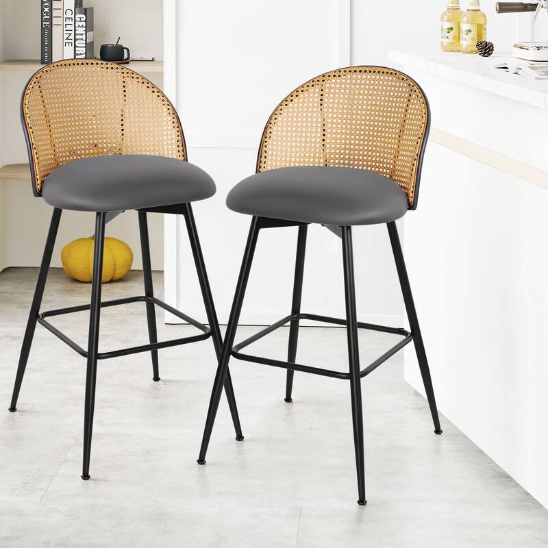 Upholstered Swivel Counter/ Bar Stools with Rattan Back