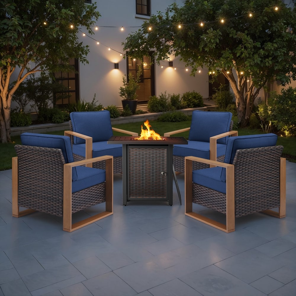 Meyreso 5-Piece Wicker Patio Conversation Set with Metal Fire Pit & Plush 4.5" Olefin Cushions