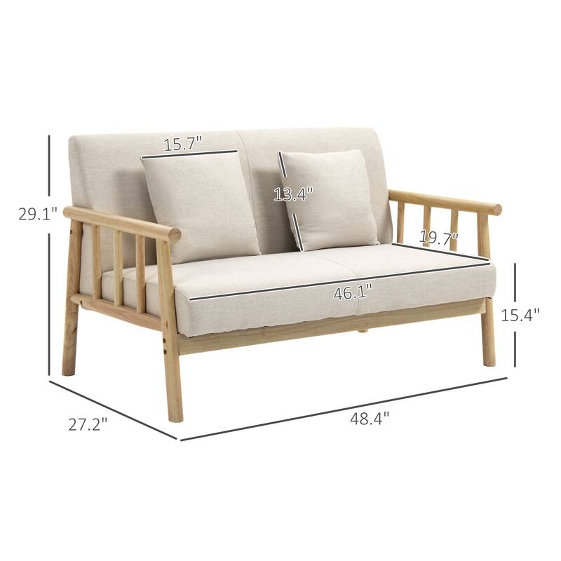 Beige Two Seater Sofa with Linen Feel Polyester Fabric Rubberwood Frame Cushions and Pillows - 48.5" W x 27.25" D x 29.25" H