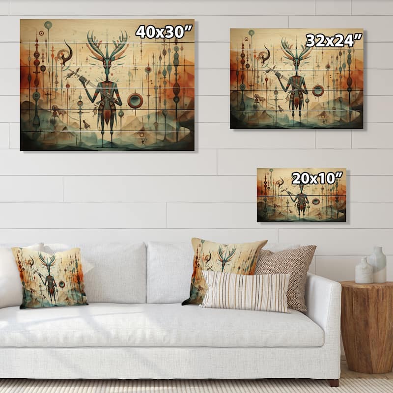 Designart "Native Art Kokopellis Melodies II" Native American Print on Natural Pine Wood