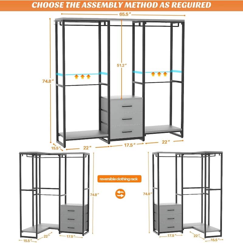 All in One Multifunctional Garment Rack with 3 Fabric Drawers and Shoe Storage Heavy Duty Closet Organizer