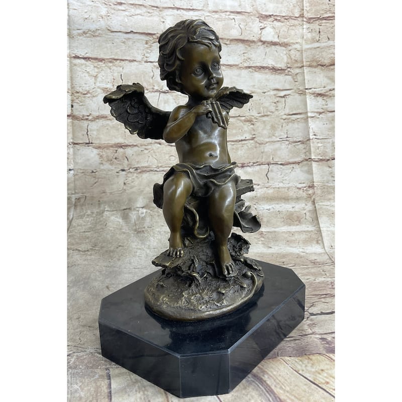 Cherub Angel Playing Pan Flute Hand Made Bronze Sculpture Home Decor