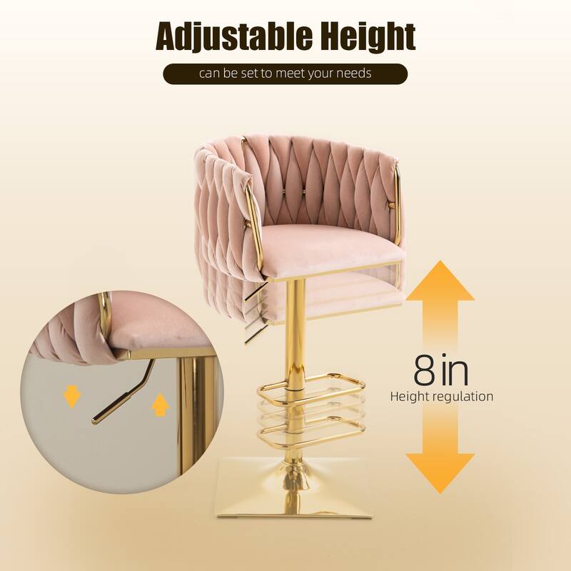Velvet Upholstered Swivel Adjustable Height Bar Stools With Metal Footrest（set of 2）