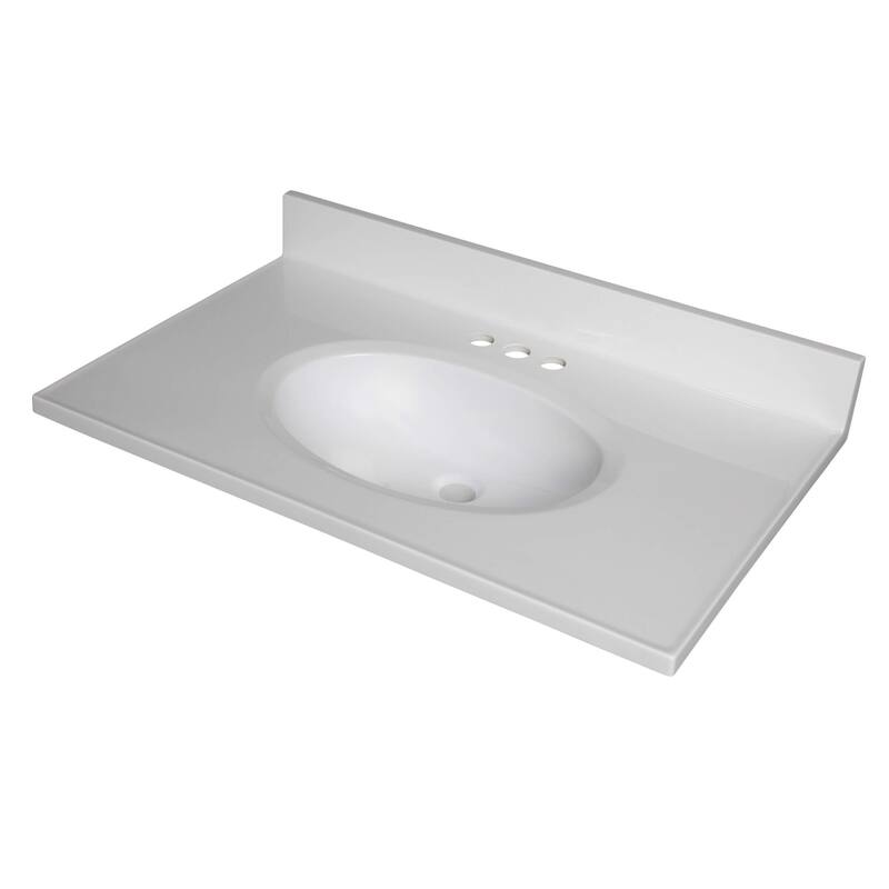 Fine Fixtures White Cultured Marble Top With Integrated Sink, 4" Backsplash and Overflow Included.