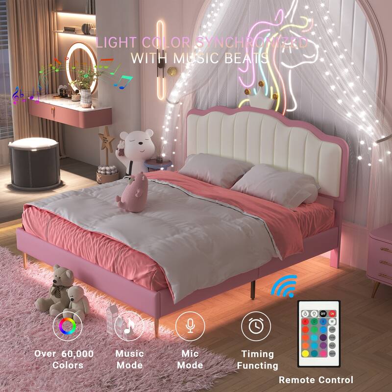Twin/Full Size Upholstered Kids Princess Bed with Crown Headboard, PU Leather Platform Bed Frame with Light Strips