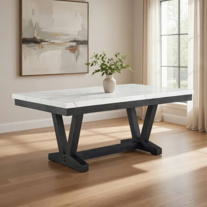 Vinz Dining Table, 72 Inch White Faux Marble Top, Black Trestle Base