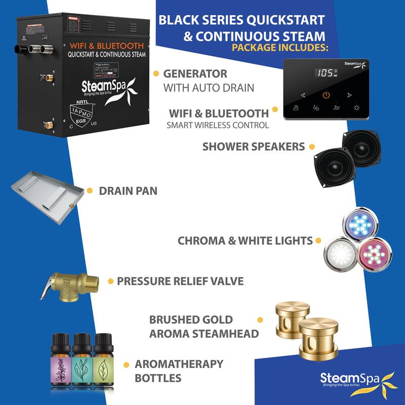 Black Series Steam Bath Generator with Fully Wireless Remote, BLUETOOTH, WIFI, and Auto Drain - 12 KW