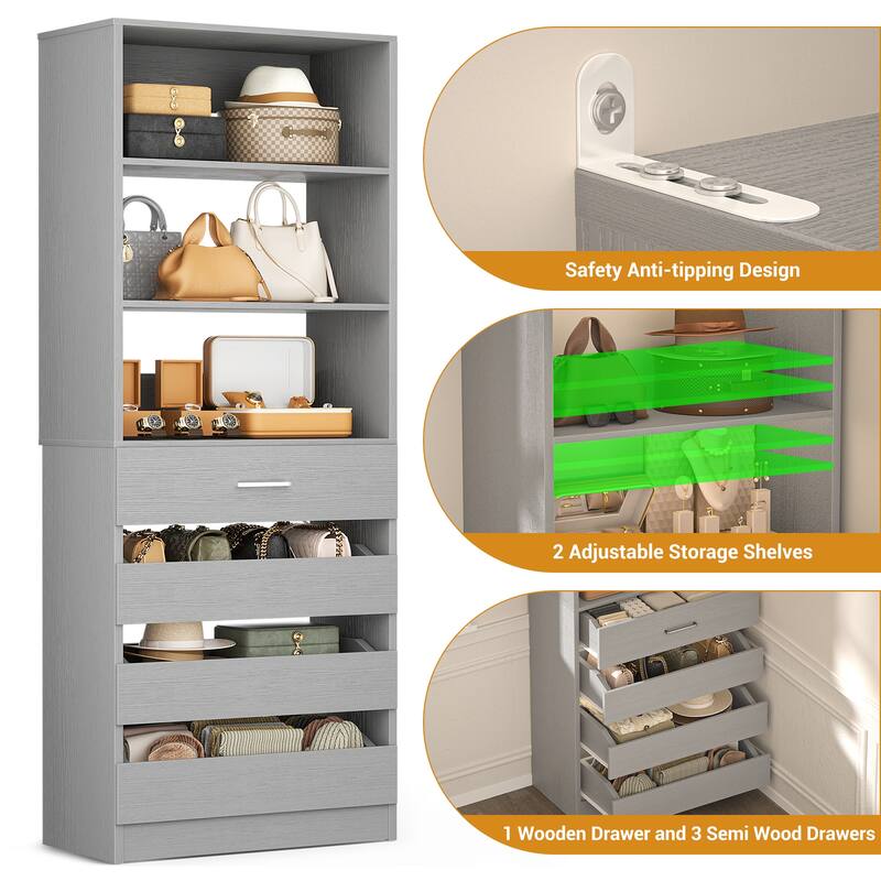 21.3" Storage Cabinet Bookshelf with Charging Station and 3 Wood Drawers, Freestanding Closet System with Storage Shelves