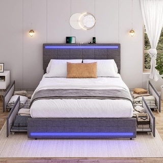 Queen LED Bed Frame with 4 Drawers and 2 USB Charging Station - Bed ...