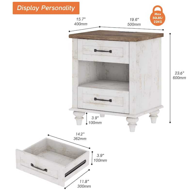 Farmhouse End Table Nightstands with Charging Station & Drawer