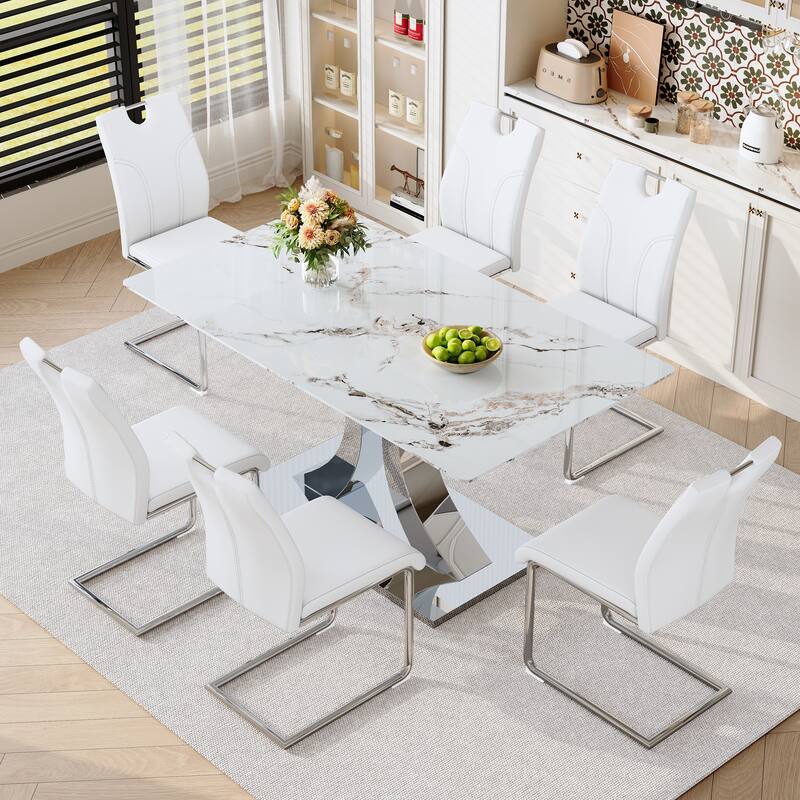 Minimalist Dining Table and Chairs Set for 6, 7-Piece Dining Table Set with White PU Chairs for Dining Room - Silver White