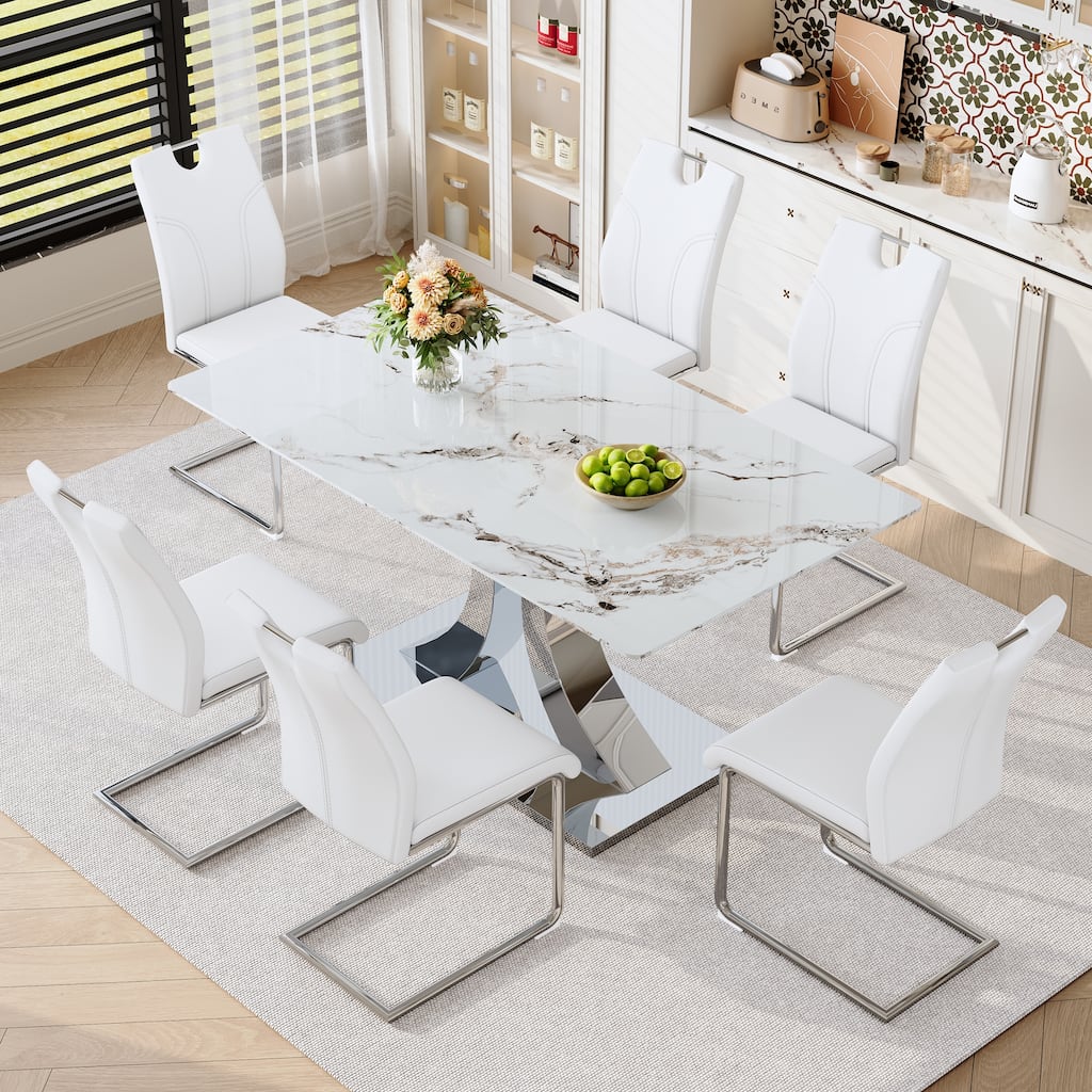 Minimalist Dining Table and Chairs Set for 6, 7-Piece Dining Table Set with White PU Chairs for Dining Room