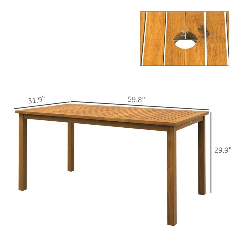 Natural Acacia Wood Outdoor Dining Table with Umbrella Hole and Slatted Tabletop Design for 6-Seater
